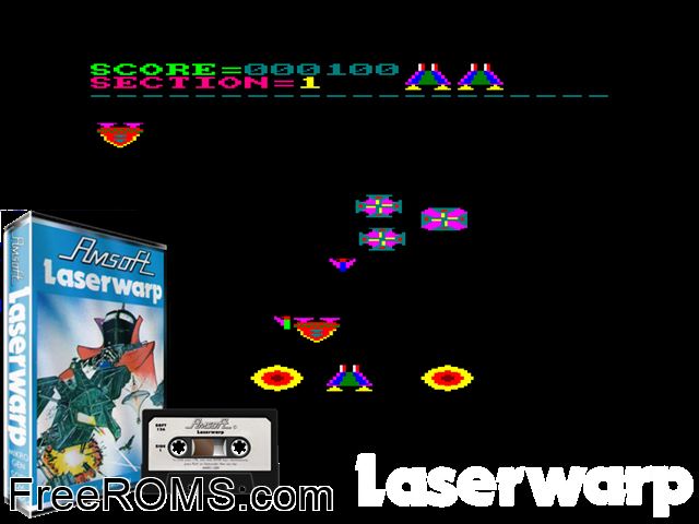 Laserwarp (UK) (19xx) [h1] Amstrad CPC game showing 3D box cover and gameplay screenshot
